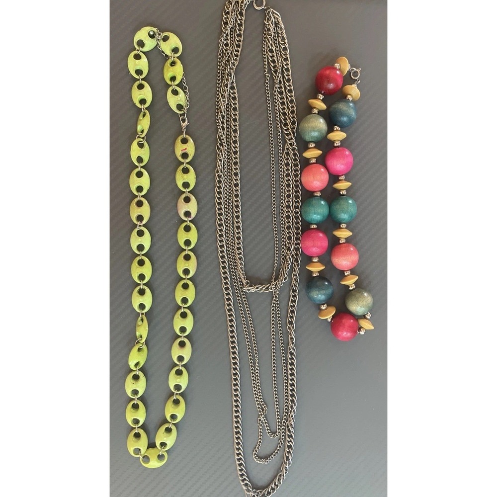 Lot of 3 Multicolor Fashion Necklaces Chain Beaded Statement Variety Wood
